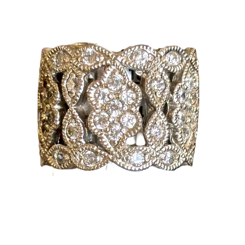 Sterling Silver Wide Solid Ring With Cz Rhineston… - image 1